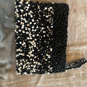 Vintage Hand Beaded Black White Seed Bead Wristlet Evening Bag
